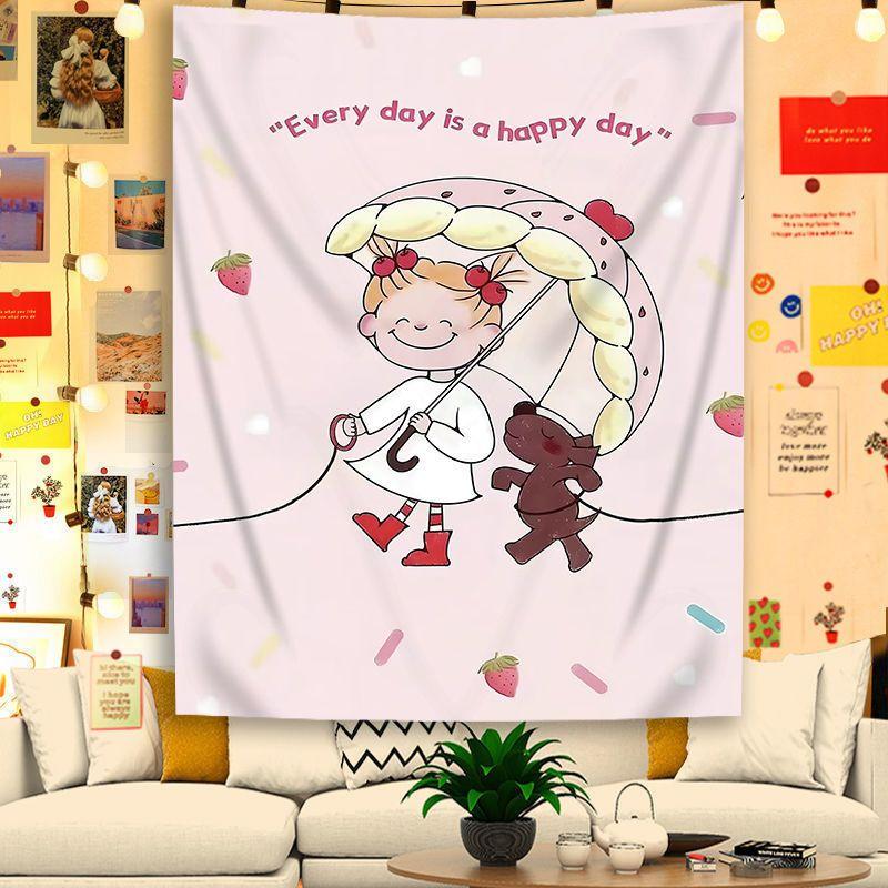 Happy Everyday Tapestry Wall Hanging Cute Girl Umbrella Balloon Cartoon Quote Aesthetic Wall Art Bedroom Dorm Room Decor