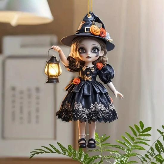 Halloween Witch Car Pendant Pumpkin Lanterns Bat Elements Rearview Mirror Ornament Gothic Tabletop Hanging Accessories
