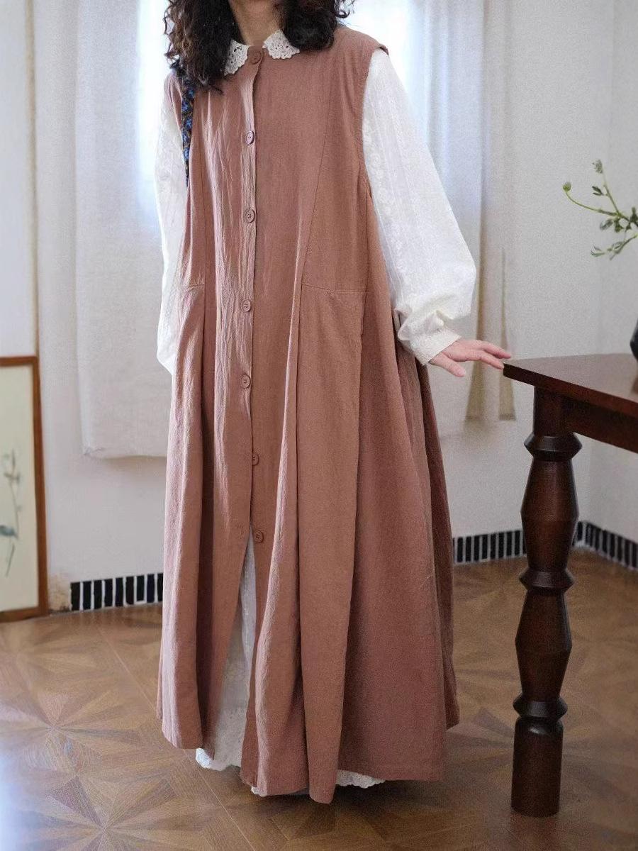 

Johnature Japanese Tank Dress Spring Summer Retro Versatile Single-breasted Layered Sleeveless Loose Women Dresses света кофе