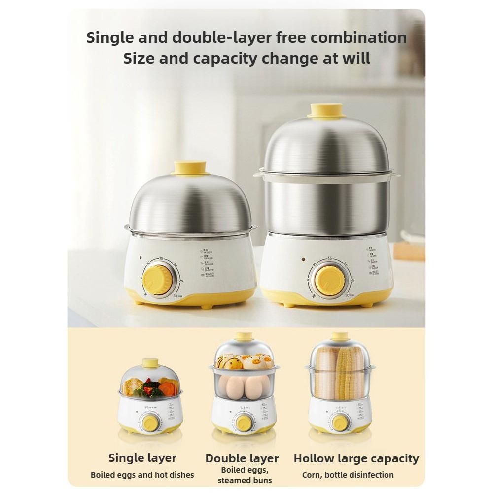 Small Stainless Steel Egg Boiler Double Layer Egg Cooker Household Timing Egg Steamer Breakfast Machine