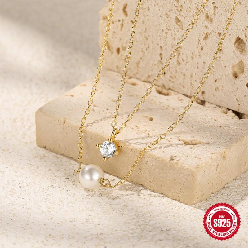 Layered Pearl Zirconia Necklace Women Sterling O-Link Chain Minimalist Chic Fashion Jewelry