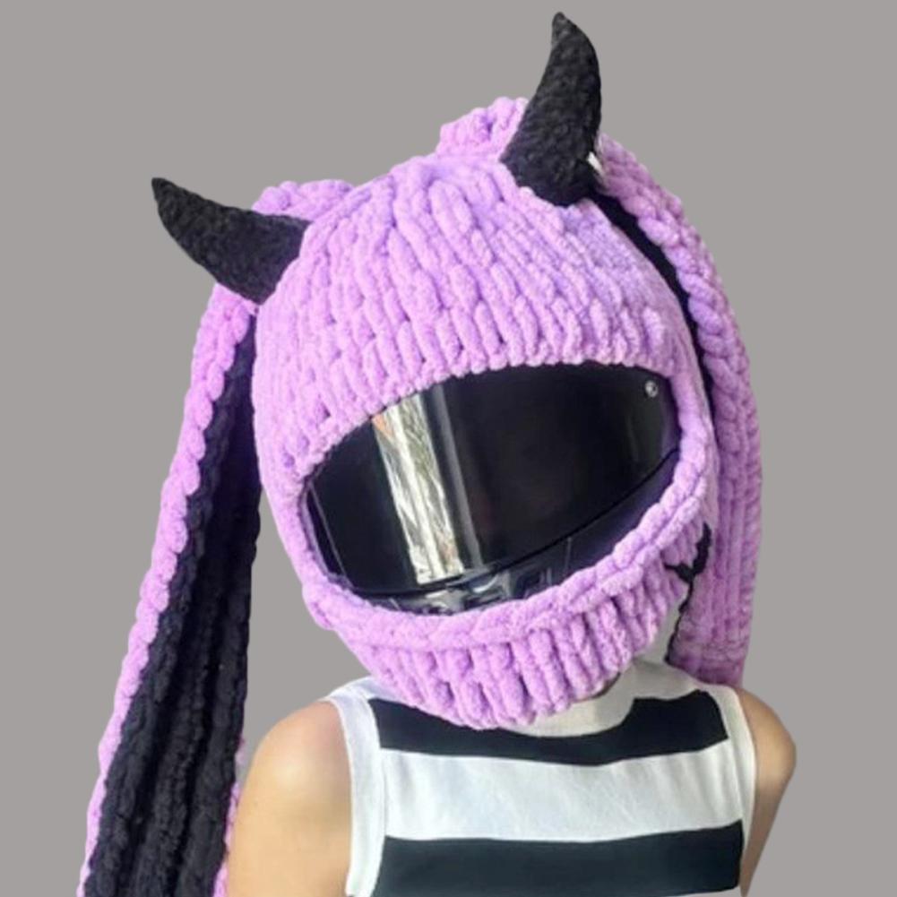 Winter Motorcycle Helmet Headgear Cover Trendy Devil's Horns Creative Cartoon Knitted Motocross Full-Face Protective Helmet Case