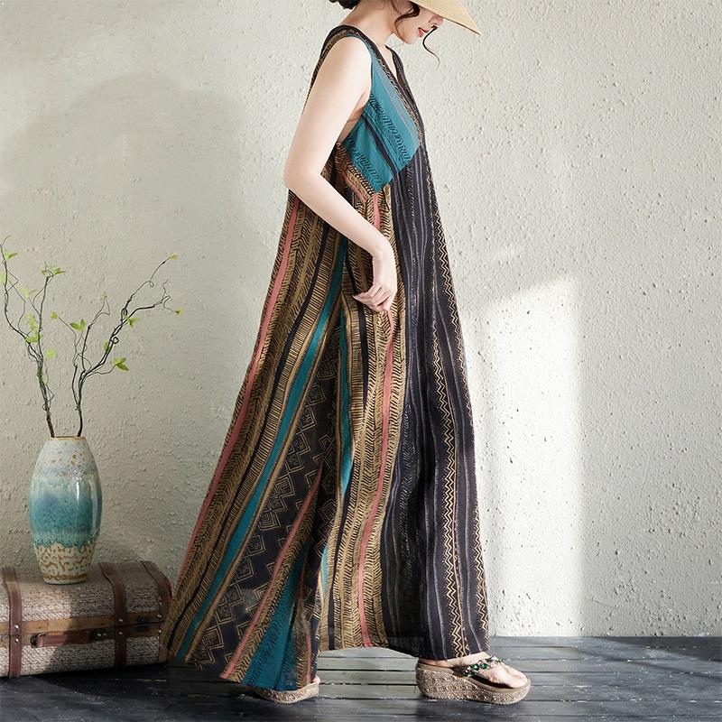 Sleeveless Plus Size Cotton Vintage Stripe New In Dresses for Women Casual Loose Long Summer Dress