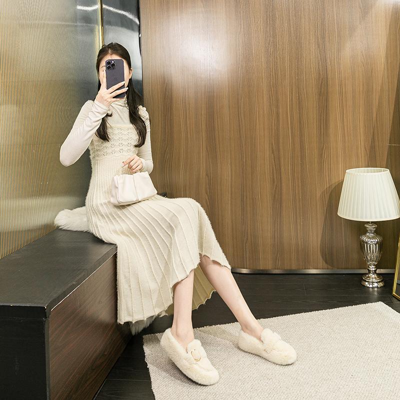 Fashion 2024 Winter Women's Outdoor Plush Warm Shoes Korean Style Metal Belt Buckle Snow Boots Black Boat Shoes Ladies' Casual Flats