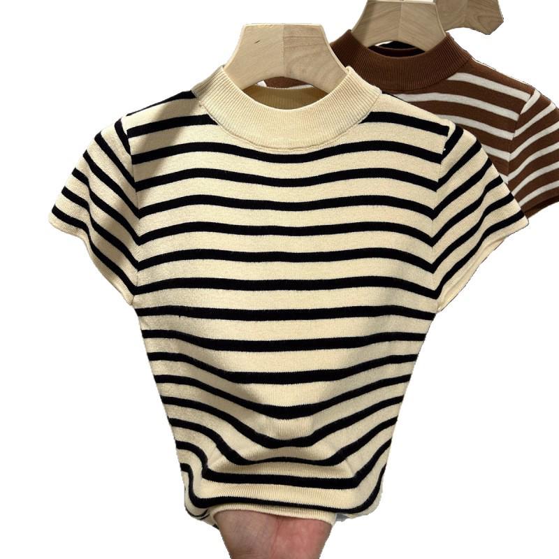 Women's 2026 Striped Patchwork Short-Sleeve Knit Top