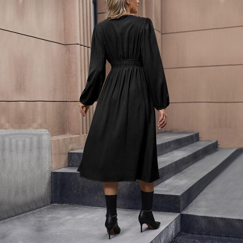 YYFS Women's Fashion Spring Fall Solid Color Print Long Sleeve V-Neck Middle Waistline Casual Dresses