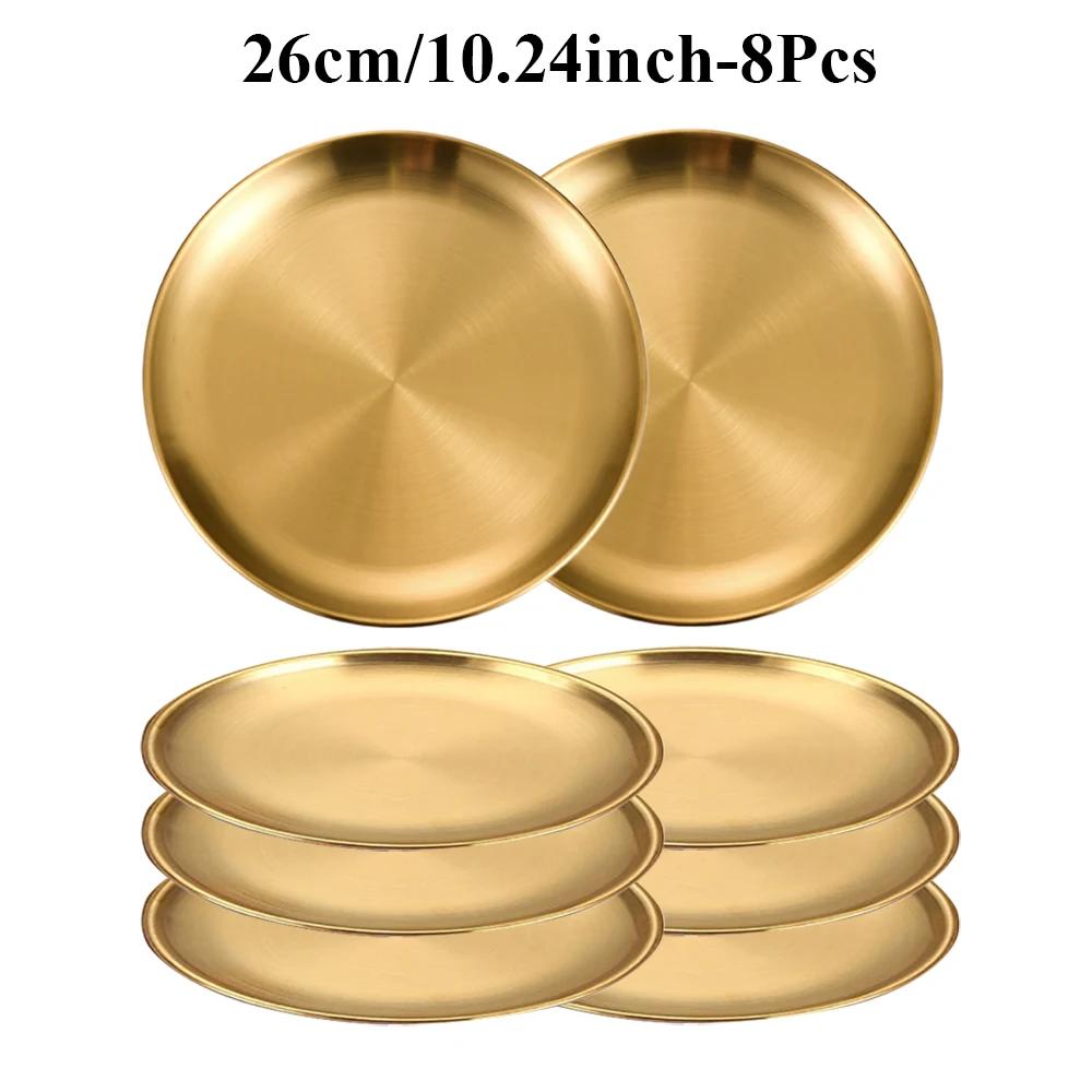 8PC Metal Dining Dish Stainless Steel Round Plate Shallow Tray 14/17/20/23/26cm BBQ Picnic Camping Food Container Tableware Set