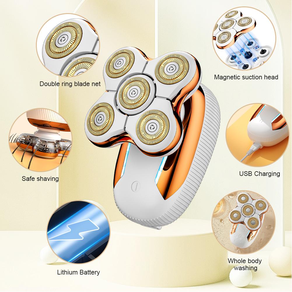 Five-Blade Head Women's Gold Electric Hair Removal Device with Floating USB Rechargeable Portable Wet & Dry Razors