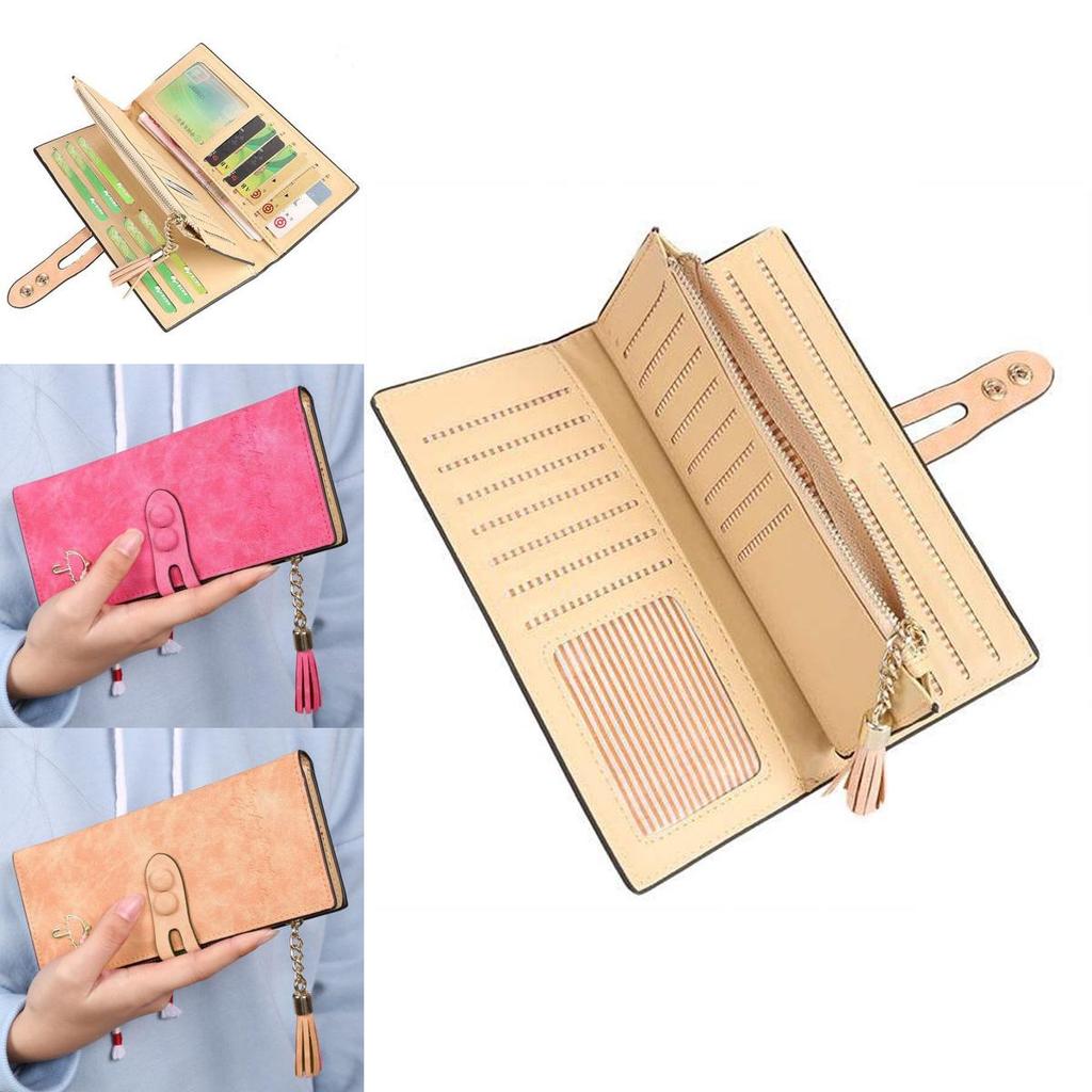 Elegant Women Leather Card Holder Long Trifold Wallet With Tassel And Checkbook Pocket