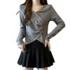 Women's Plus Size Ribbed Irregular Long Sleeve Top - Korean Style, Loose Fit, Slimming Base Layer for Autumn/Winter.