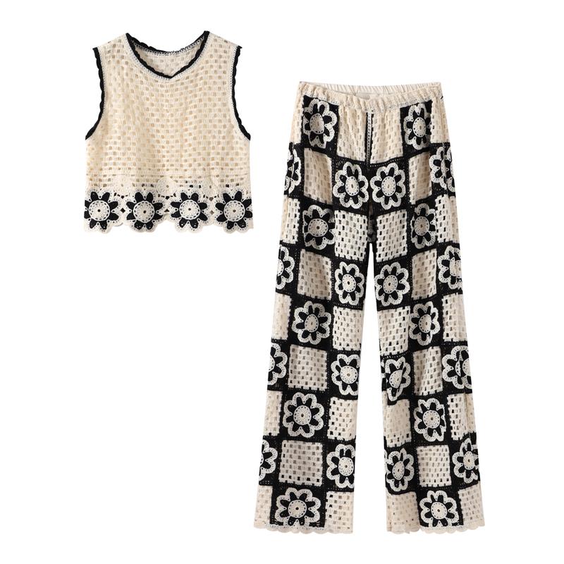Hollow Out Knitted Sets for Women Sleeveless O-neck Short Vest Crochet Embroidery Flower Knitting Pants Elegant Women's Sets Simple Vintage 2 Piece