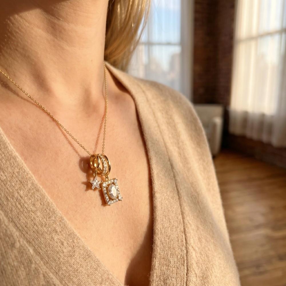 Charm Star Pendant Necklace Decoration Zircon Collarbone Chain Vintage Square Necklace  Girls