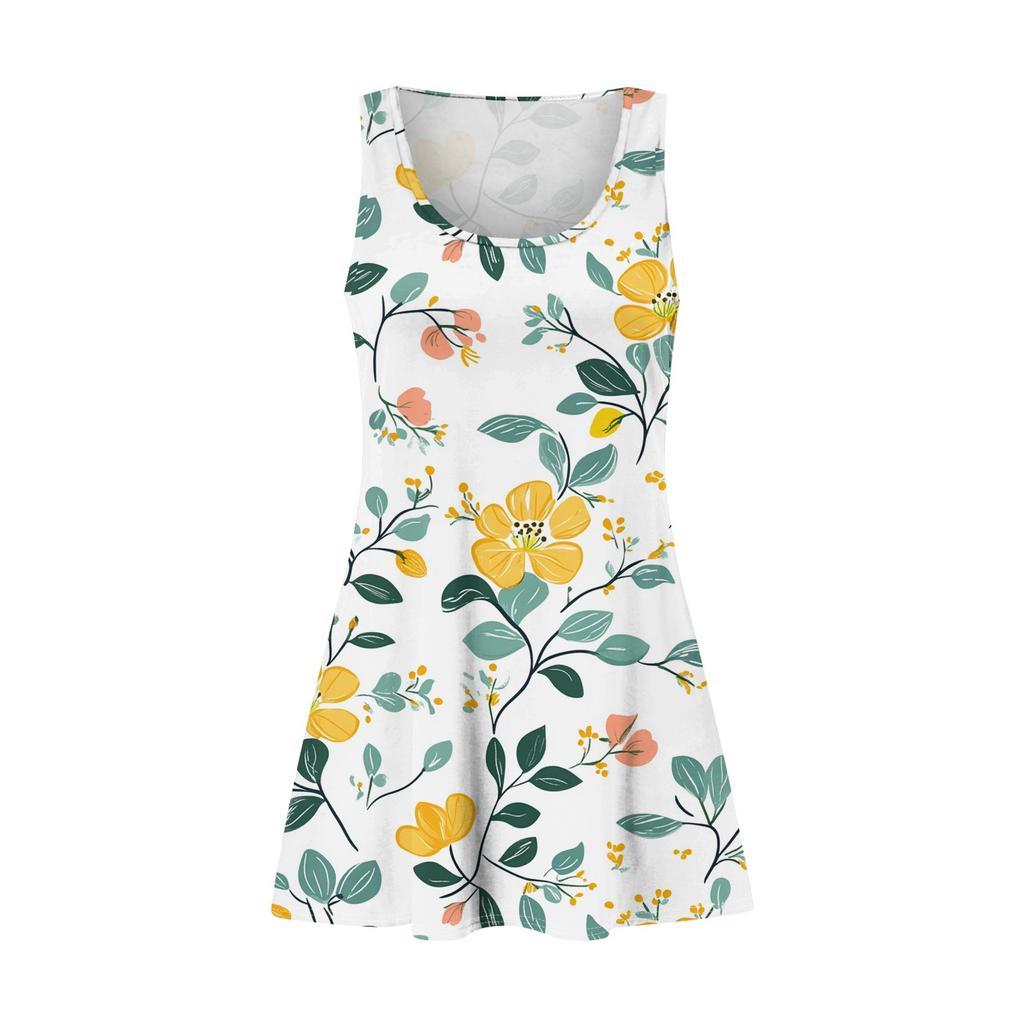 Women's Casual Retro Illustration Flower Print U-Neck Vest Dress With Side Pockets