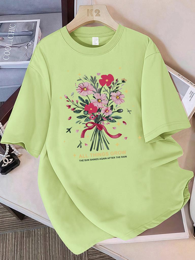 Summer T-Shirts Women Cotton All Things Grow Beautiful Flowers Print Tops Loose O-Neck Soft Comfortable T Shirt Casual Clothes
