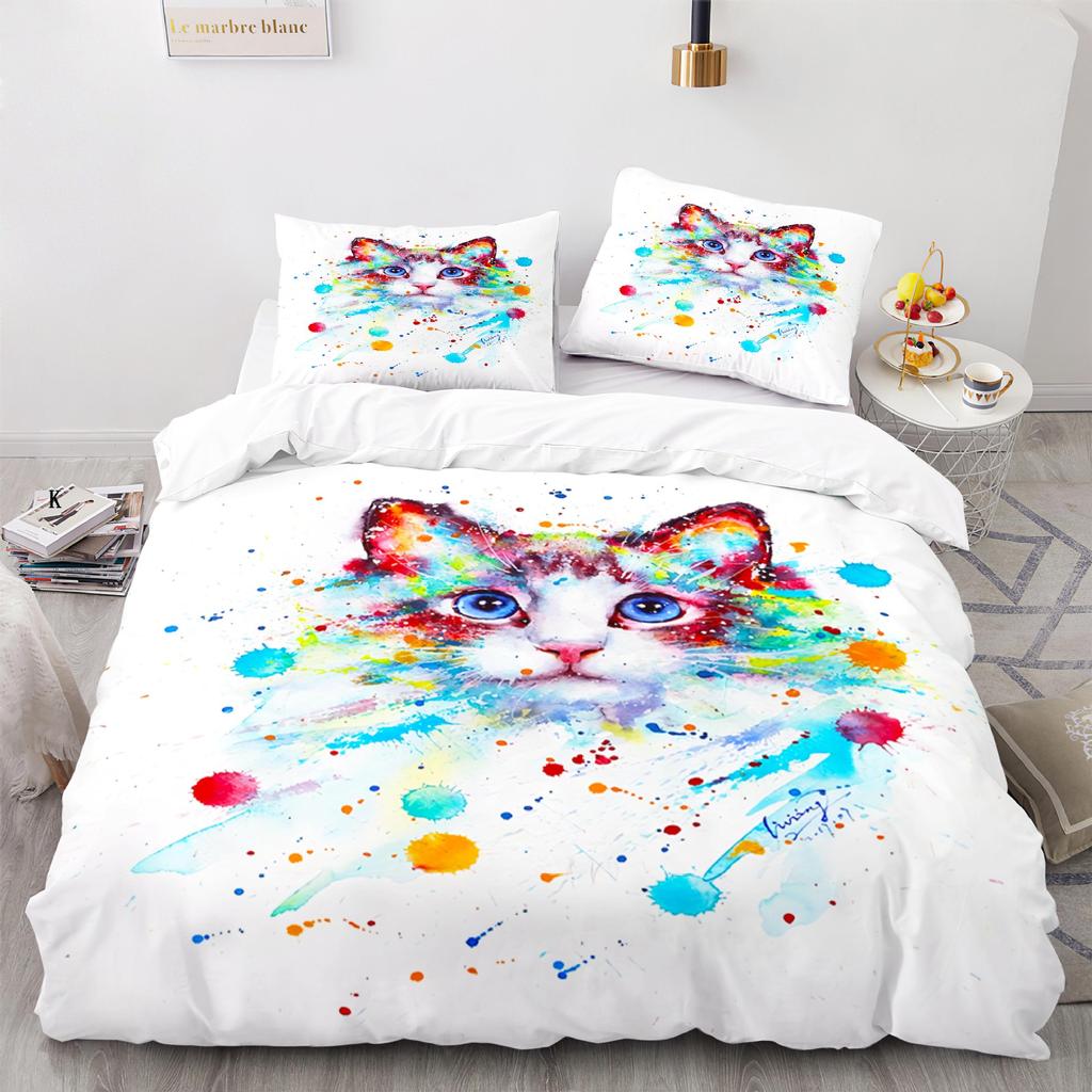 Cat Duvet Cover Set King Size Cute Cats Pattern Bedding Set Decorative Animal Polyester Comforter Cover with Pillowcases for Kid