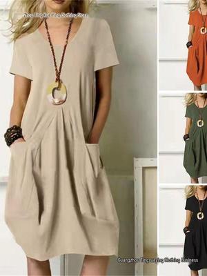 Summer Cotton & Linen Loose Solid Color Short-Sleeved Dress