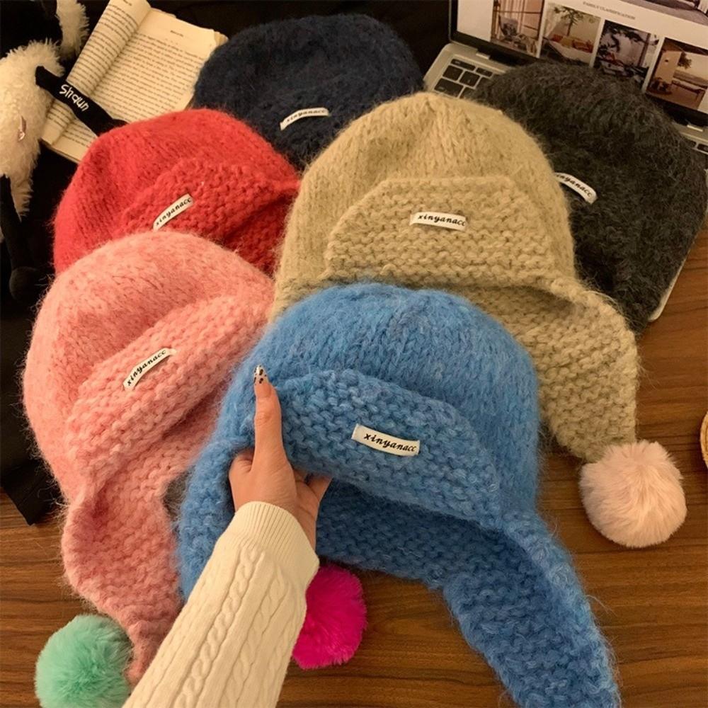 Sweet Women Knitted Cap Fluffy Pom-pom Ear Protection Caps Trendy Warm Beanie Hats  Outdoor