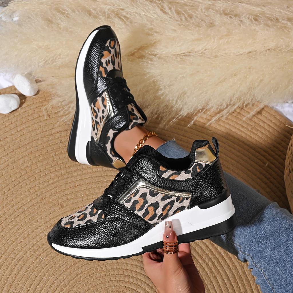 Mode 2025 Dames Outdoor Platform Ronde Neus Laag Uitgesneden Luipaard Sleehak Sneakers Dames Trend Veterschoenen Zapatos De Mujer