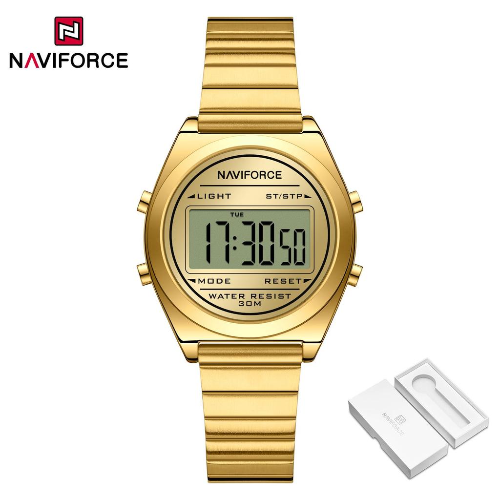 Naviforce Original Women Digital Watch Stainless Steel Strap Waterproof Calendar Chronograph Night Pattern Lady Girl Casual Fashion Watch NF5066