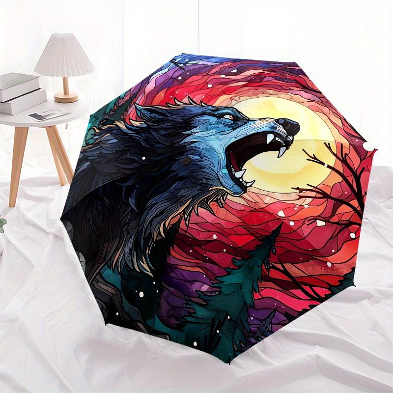 Stained Wolf Howling at Moon Wall ArtUmbrella, Portable 3-Fold Compact Umbrella for Men & Women Gift