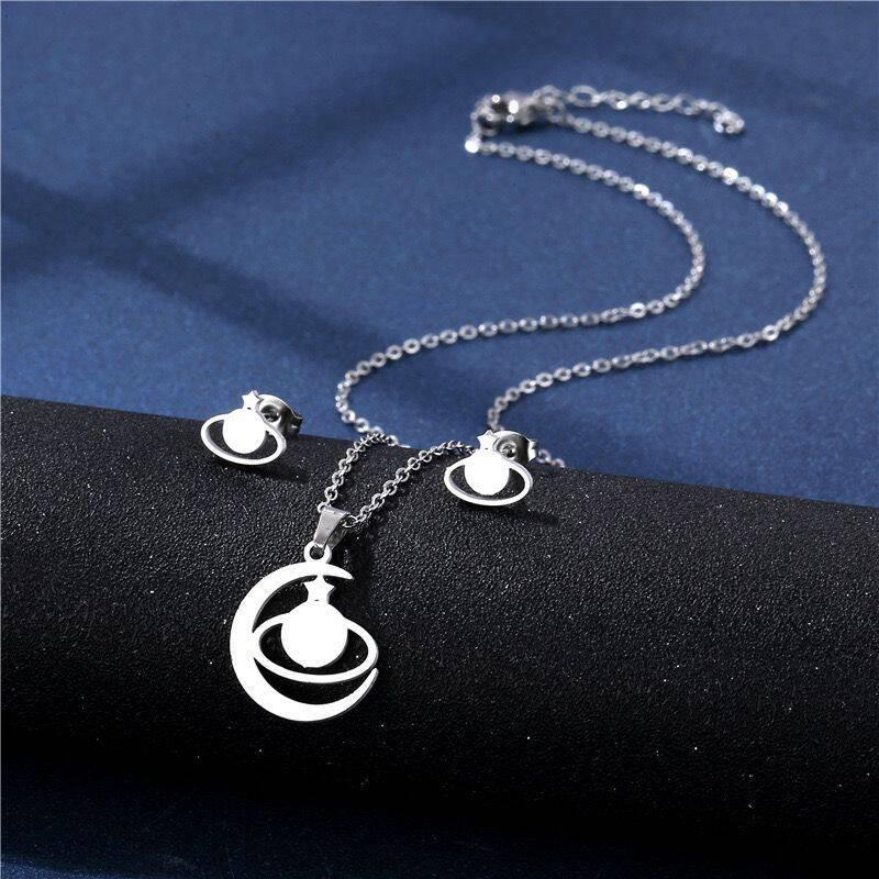 Stainless Steel Necklace & Earring Set - Smooth Clavicle Design with Stud Earrings