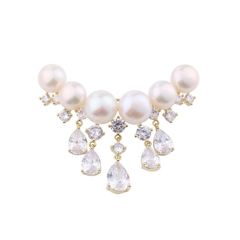 Women Girls Fashion Elegant Pearl Crystal Pendant Badges Brooch Exquisite Lady Alloy High-end Classic Suit Office Pin Jewelry