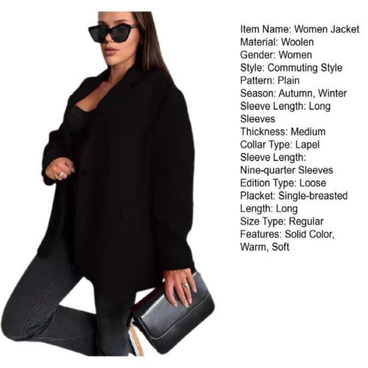 Warm Thick Woolen Coat for Women Autumn Winter Oversized Jacket Loose Casual Lapel Collar Single Breasted Solid Color Long Sleeves Top