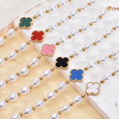 Kleeblatt-Perlenarmband für Damen aus Edelstahl