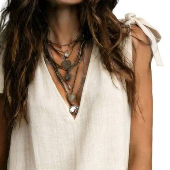 Top da Donna Scollo a V Senza Maniche Dettaglio Laccetto Tunica Bohemien con Laccio Colore Unico Tessuto Morbido Camicetta Casual