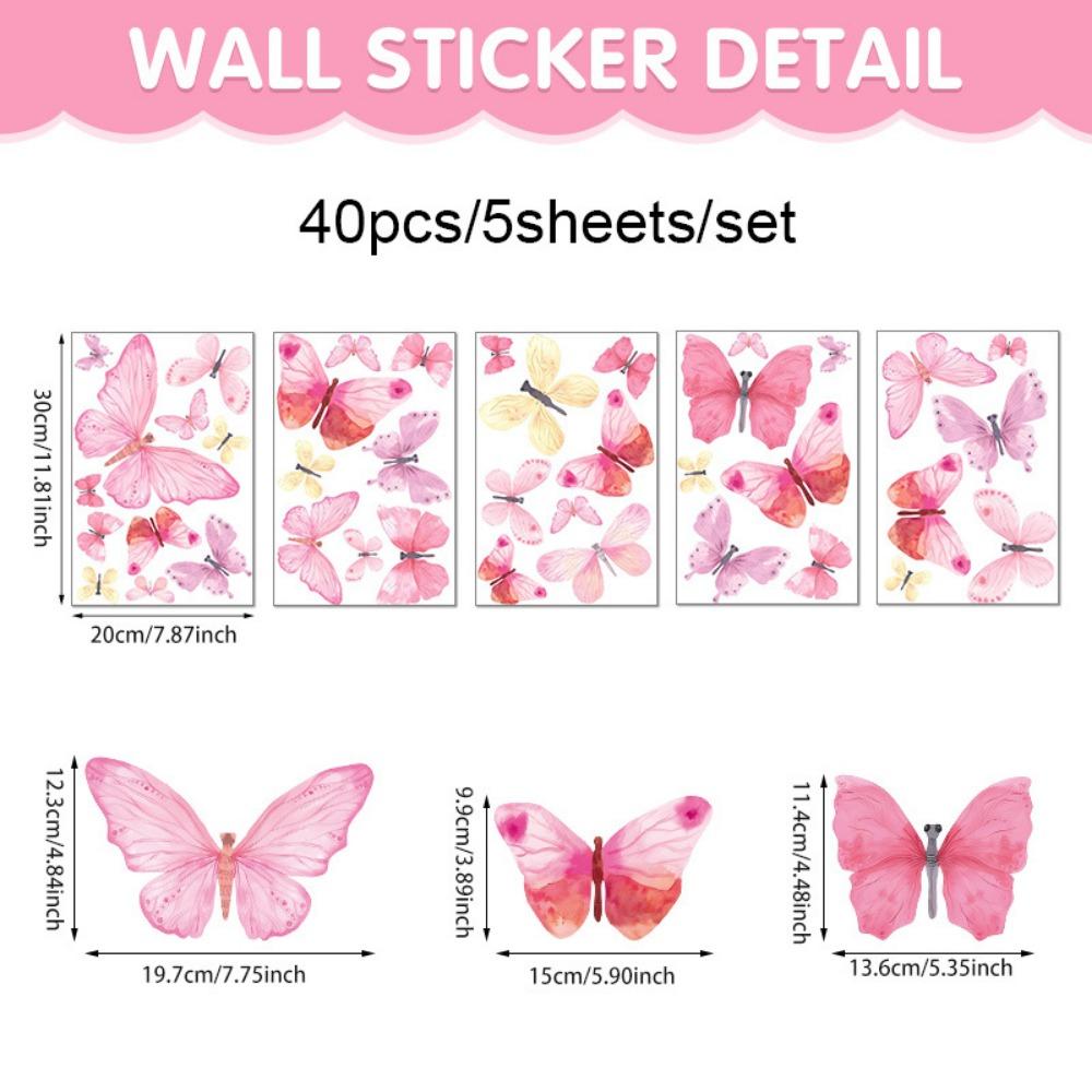 

5 Sheets/Set Pink Watercolor Butterflies Wall Stickers PVC DIY Accessories Wall Art Sticker Watercolor Design 40pcs розовый