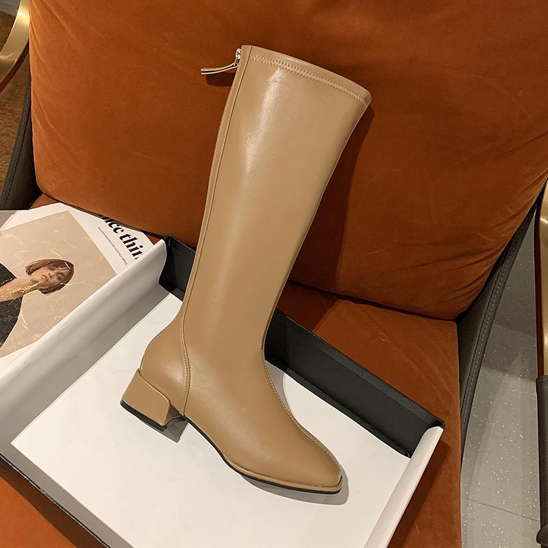 Women Black High Heel Long Boots Fashion Spring Autumn Warm Knee High Boots Soft Leather Thigh High Boots Shoes Zipper