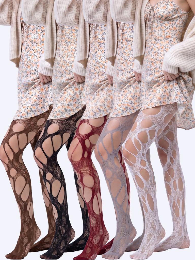 5 Pairs Pack Ripped Cut Out Fishnet Tights Women'S Hollow Mesh Pantyhose Multi Color Set