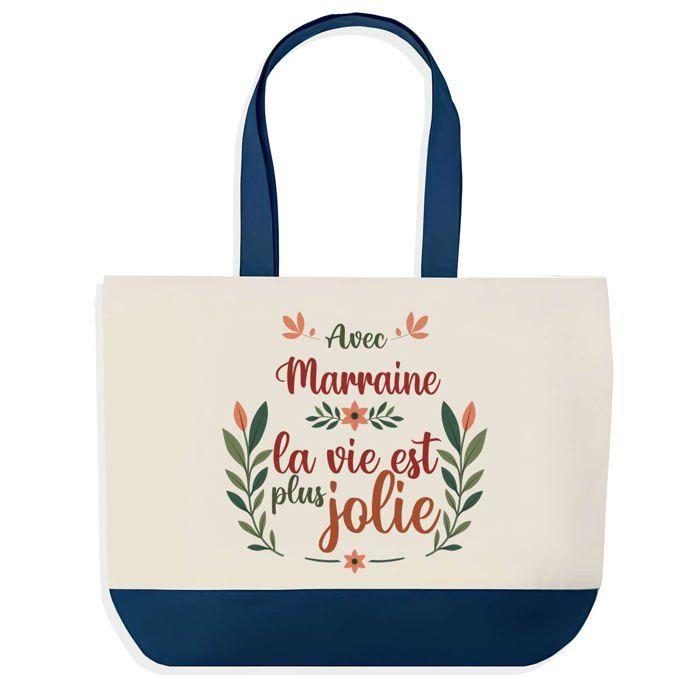 Tote bag - PLANETEE - Sac shopping fond bleu «Marraine la vie est plus jolie» - Coton 40x45 cm - Grand format - Fabriqué en France