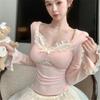 Splicing German velvet long-sleeved t-shirt women's autumn new pure desire square collar top women's lace bottoming shirt chic and beautiful
