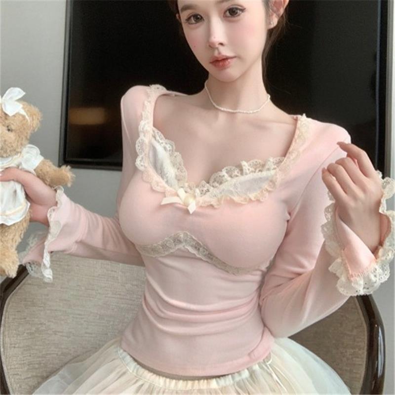 Splicing German velvet long-sleeved t-shirt women's autumn new pure desire square collar top women's lace bottoming shirt chic and beautiful