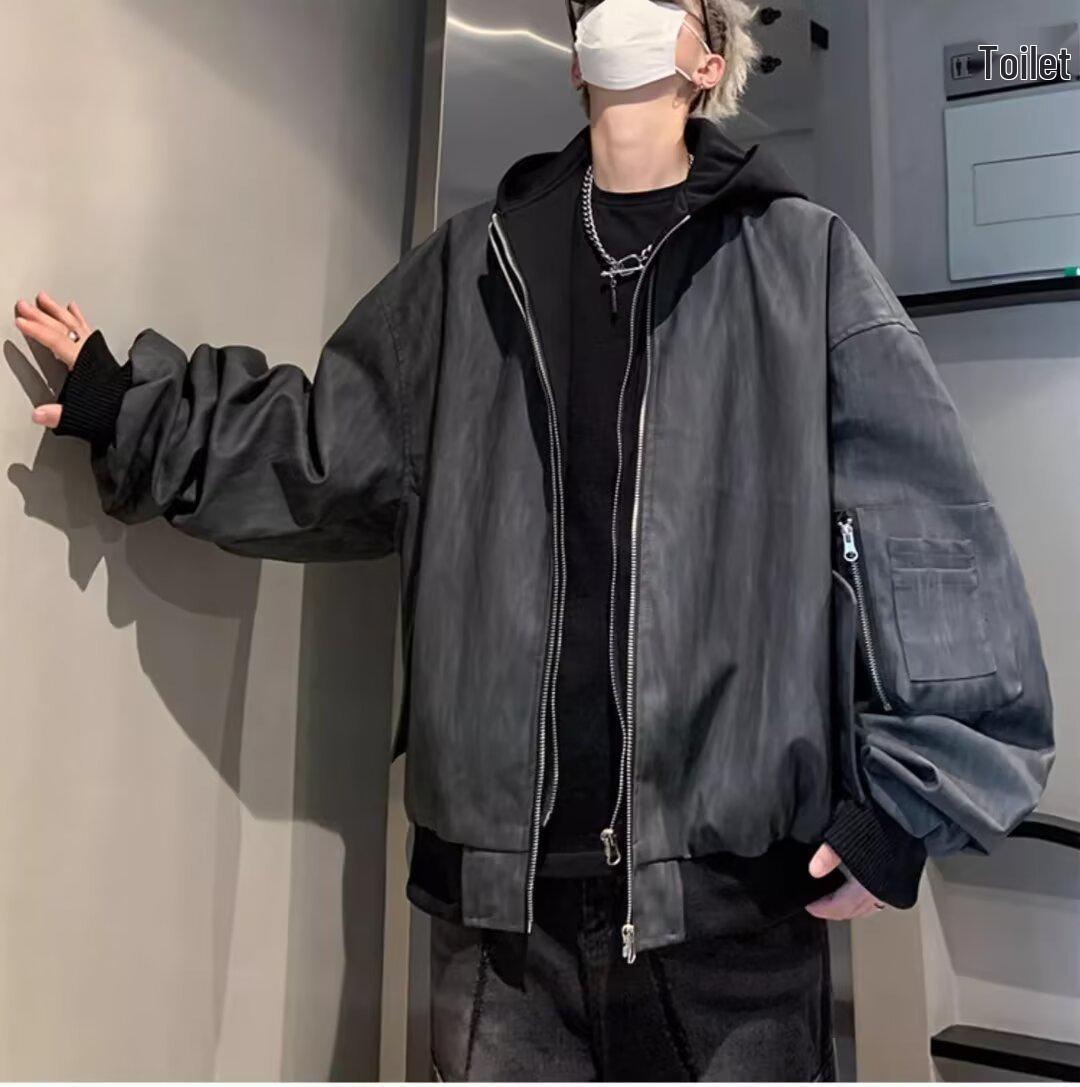 

Trendy Men s Faux Two-Piece Hip-Hop Jacket - Hooded, Rebellious, and Stylish for Spring and Autumn Double XL чорний/сірий колір