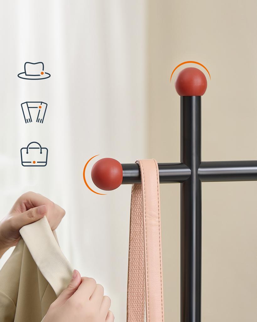 SONGMICS Scaffale porta abiti HOME, Appendiabiti con mensola per scarpe, Scaffale portaoggetti resistente, 6 ripiani portaoggetti, 2 barre appendiabiti, Ganci a forma di fiammifero