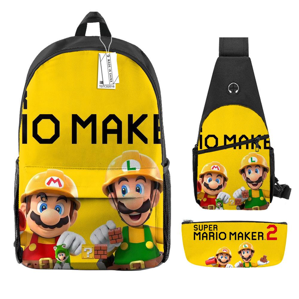 Animation Backpack, Super Mary Primary School Student Print Children'S Backpack Satchel Pencil Case Three-Piece Set