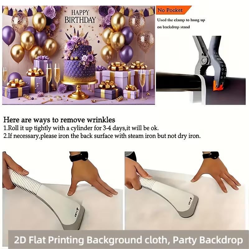 2D Purple Gold Luxury Birthday Backdrop Banner 8ft Wide Happy Birthday Party Decor Background
