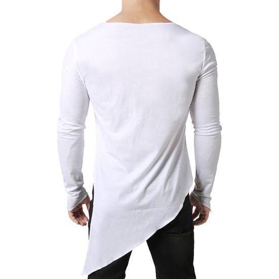 Herren T-Shirt Langarm Einfarbige Unregelmäßiger Saum Pullover Streetwear Warm Seitenschlitz Langer Stil Herren Frühlingstop Männliche Kleidung
