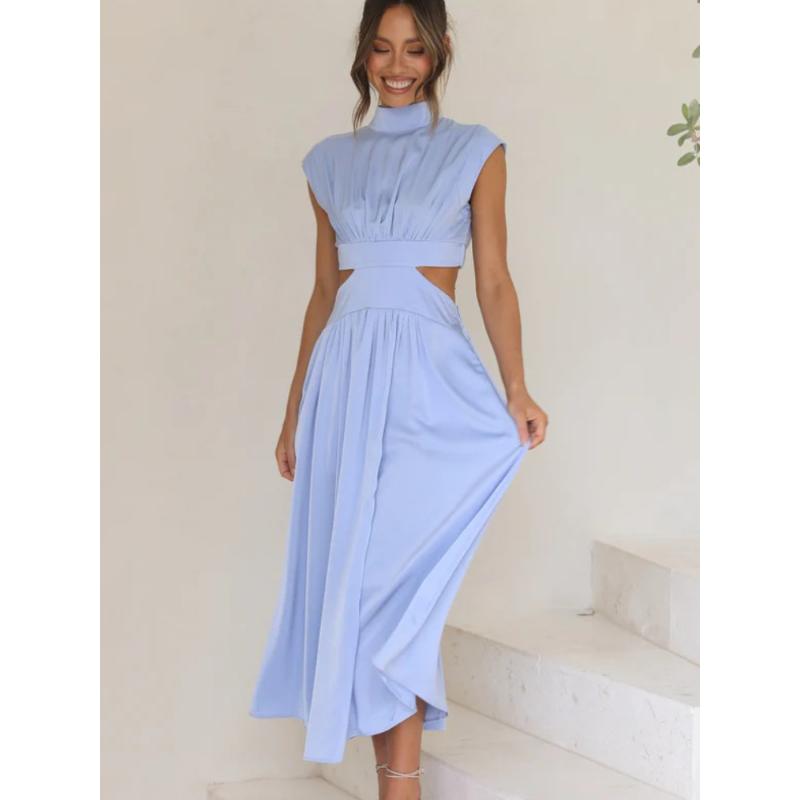 

Женское элегантное платье, летнее модное повседневное однотонное платье без рукавов с открытой спиной, женское сексуальное полое плиссированное длинное платье L синий