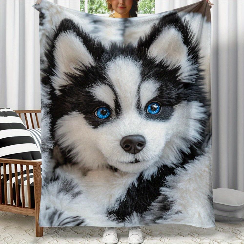 [Cute Husky Puppy Print Blanket] 1pc Lightweight Cute Husky Puppy Print Portable Blanket - Soft and Warm Flannel Fleece Throw Fo