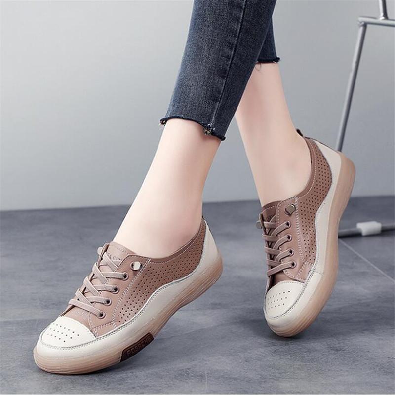 Women Sneakers Genuine Leather Fashion Lace Up Ladies Casual Flats Outdoor Running Walking Shoes Comfort Female Footwear