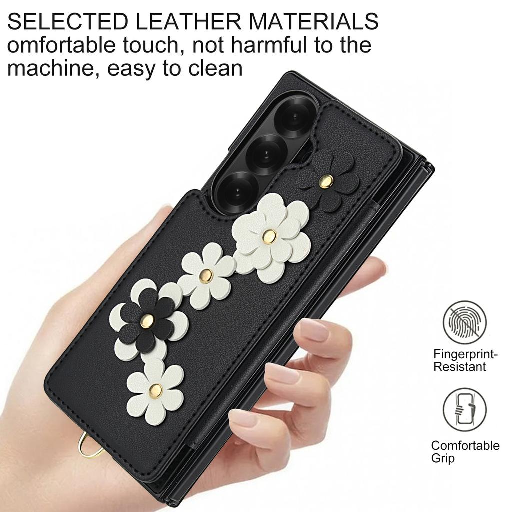 Crossbody Phone Case for Samsung Galaxy Z Fold 7 Fold 6 5 4 Flower Design Card Slot Flip Wallet Holder Hand Strap Leather Cover