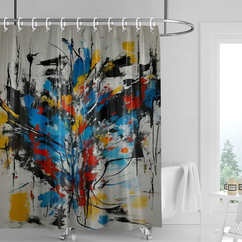 Abstrakter Duschvorhang - Wasserdichtes Farbspritzer-Design mit Halbmond & Punkten, Moderne Badezimmerdekoration für Stilvolle Räume
