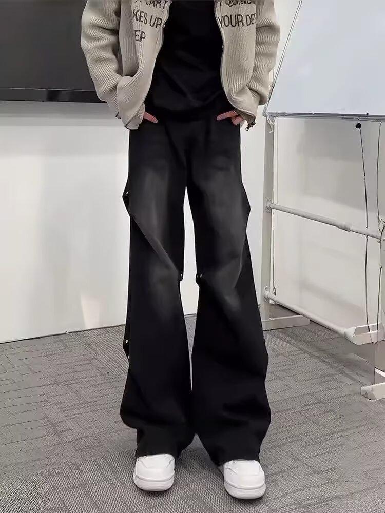 Black American scimitar jeans men's spring design pleated tooling pants high street vibe straight micro-pull pants