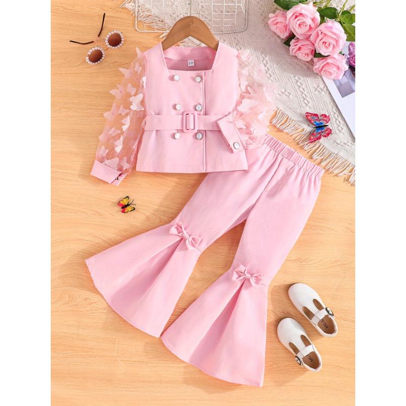 Youngsters Girl Adorable Outfits, Mesh Sleeve Top and Bell-Bottom Trousers Set, Girl Fall Winter Clothes Set, Perfect for Outdoor