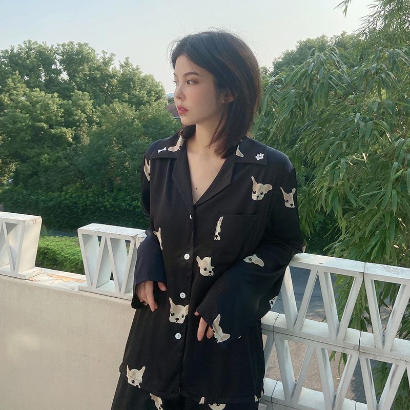 Eis Seide Druck Pyjamas Set Frauen Koreanische Vintage Chic Casual Hause Tragen Taste Up Langarm Hosen Anzug