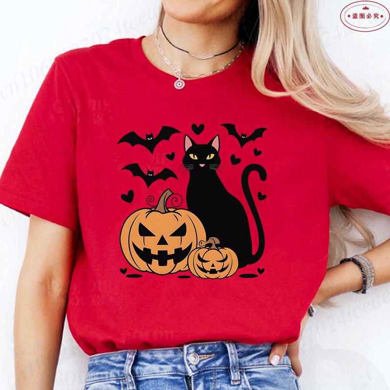 Black Cat Halloween Print Unisexs Summer Tshirt Casual Clothing Oversized Y2k Personality Short Sleeve Tops Spooky Season Tees