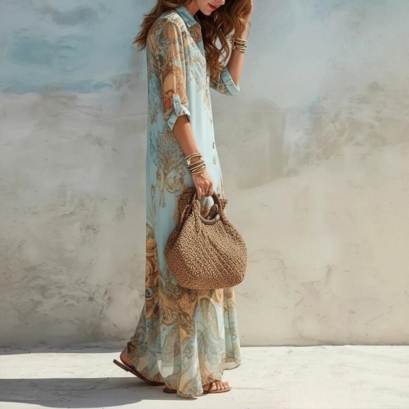 2026 summer new women's skirt, fashionable and elegant printed V-neck retro French dress women